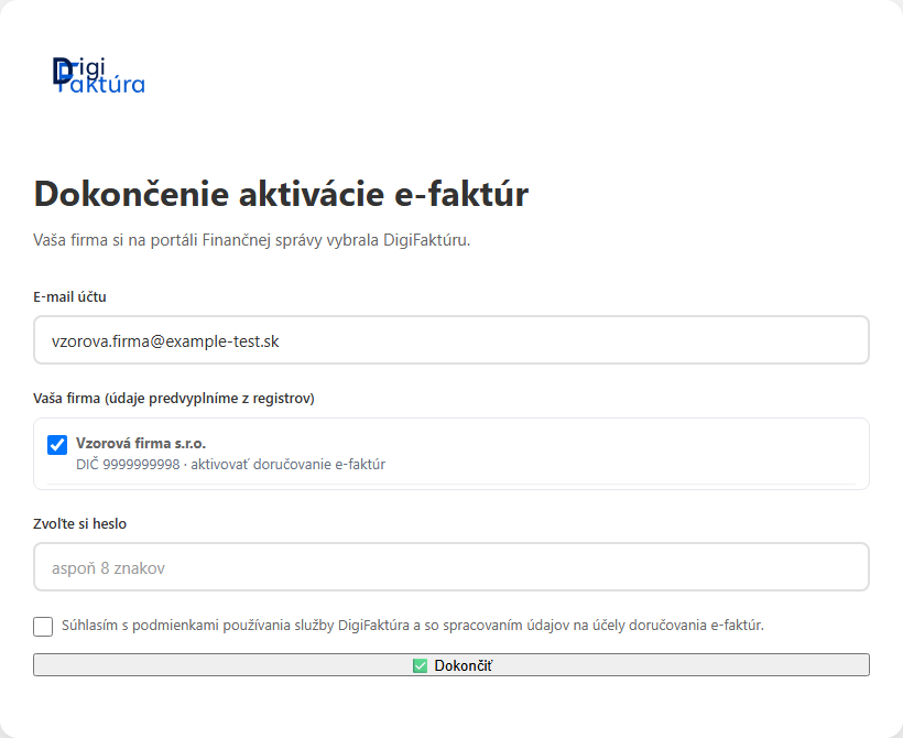 Obrazovka Dokončenie aktivácie e-faktúr s predvyplnenou firmou
